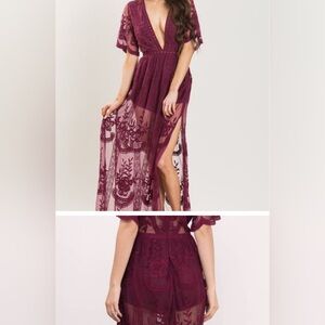 Aqua Burgundy Lace Maxi/Romper Dress